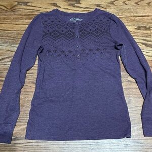 Eddie Bauer Long-Sleeve Purple Shirt Women's Small black patterned design